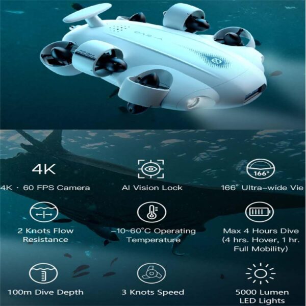 Le drone sous marin FIFISH V6 utilisé pour des applications de recherche scientifique et d'exploration éducative.